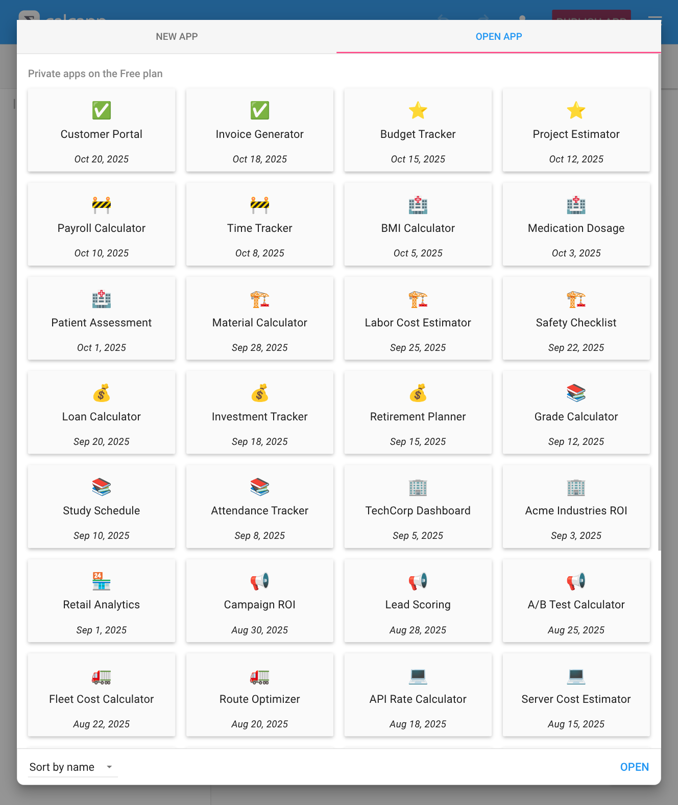 The Open app tab showing apps with highlighted emoji icons