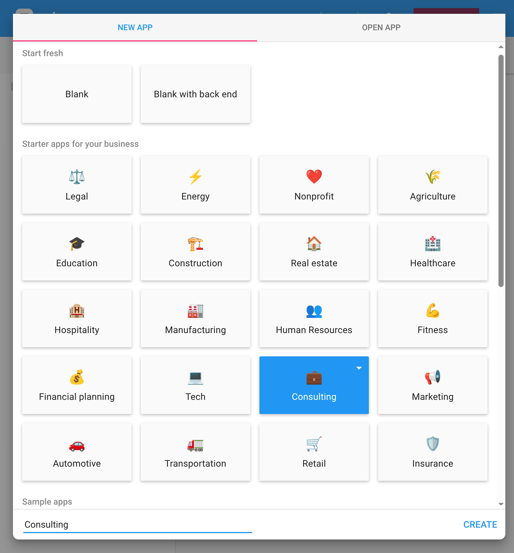 The New app tab showing industry-specific templates with emoji icons