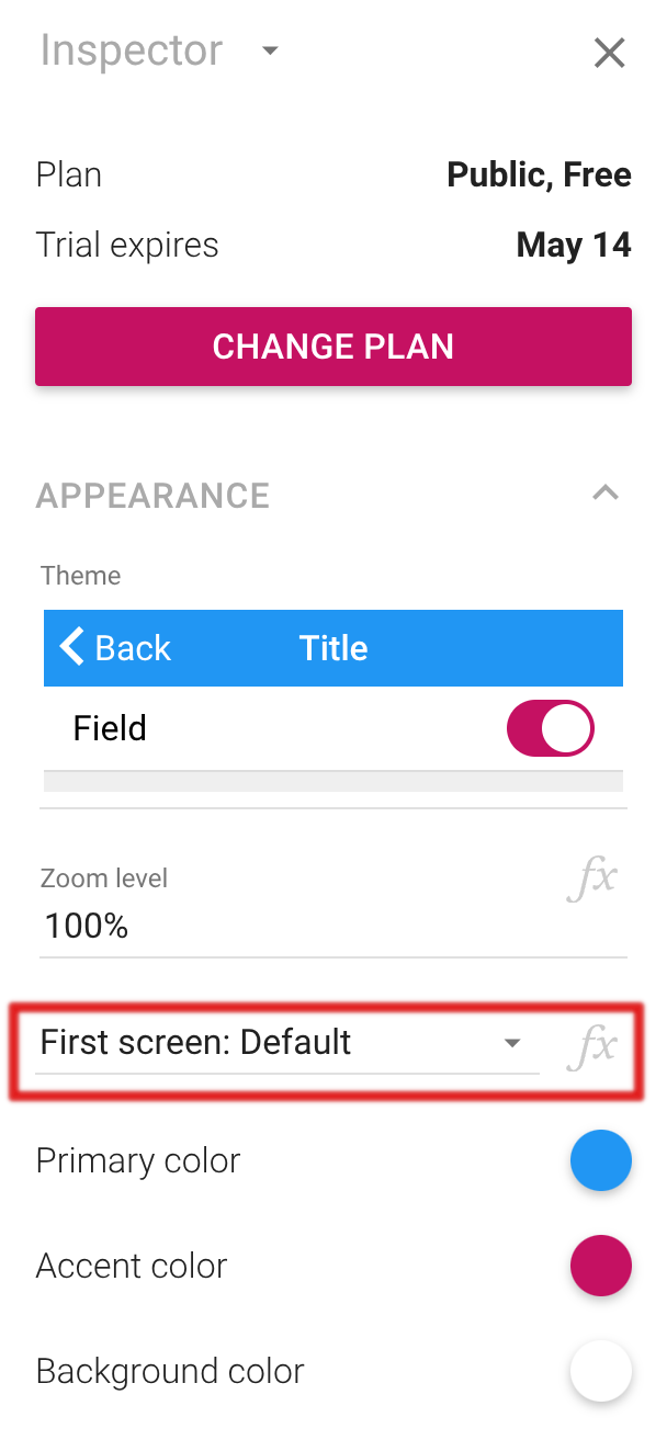 Setting the first screen in the inspector